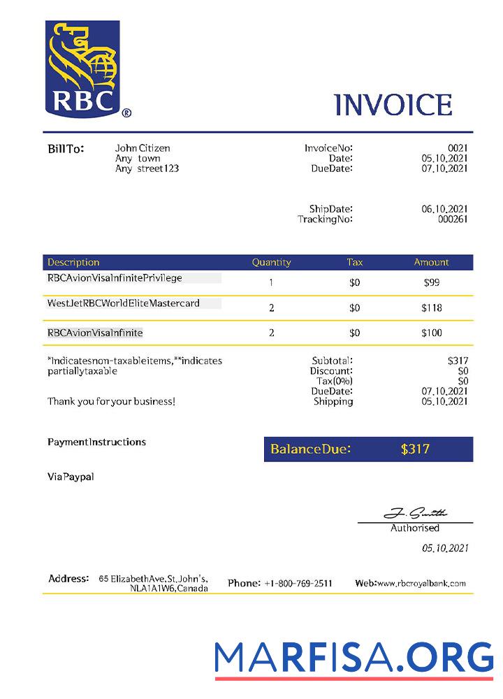 Printable USA RBC invoice download for verification